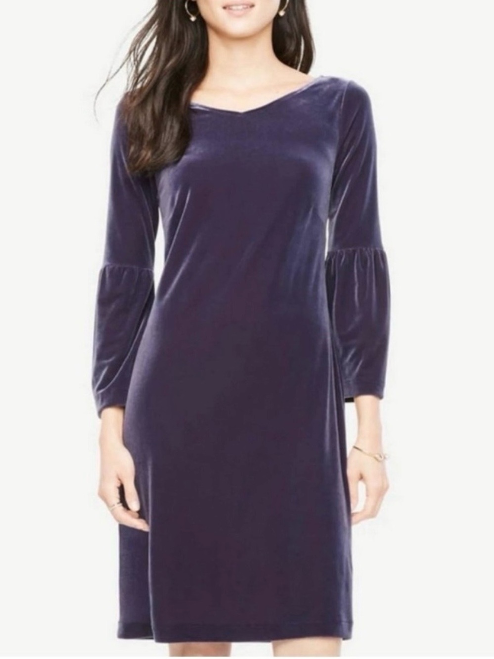 Ann Taylor Velvet Shift Dress with Bell Sleeves, Lavender, Small Petite